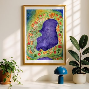 Peut inclure: Une peinture à l'aquarelle encadrée représentant une cellule biologique avec un grand noyau violet central, entouré d'un cytoplasme vert contenant des mitochondries orange, des vésicules rouges et divers organites en illustration scientifique.