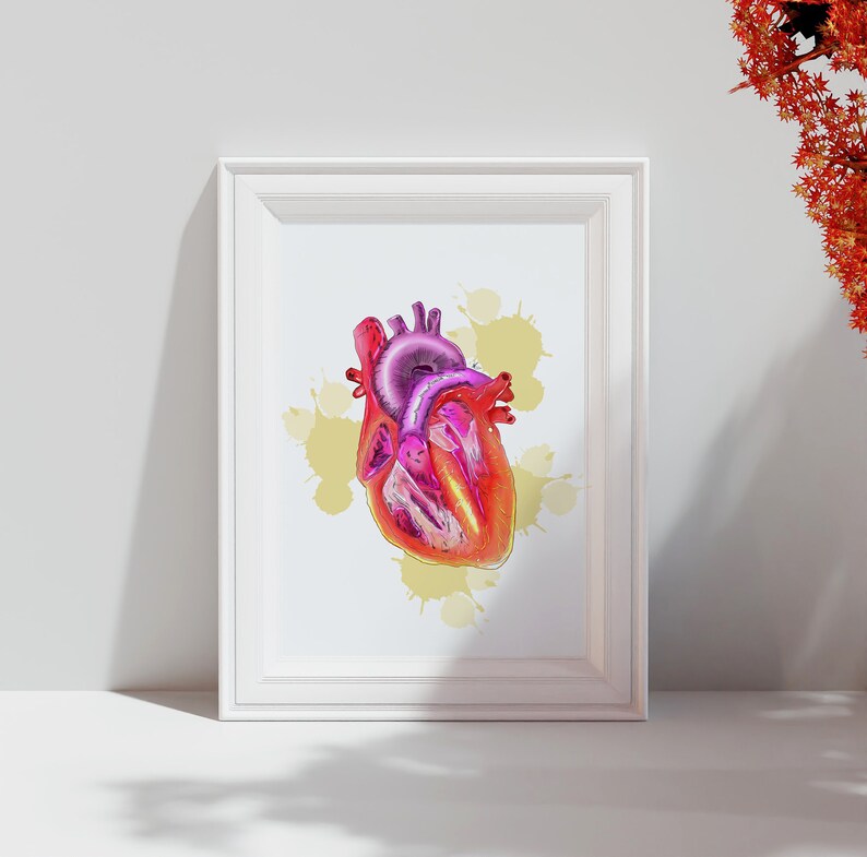 May include: A framed print featuring a detailed, colorful illustration of a human heart. The artwork showcases the heart in shades of red, pink, and purple, set against a backdrop of yellow paint splatters. The white frame adds a clean, modern touch to the medical-themed art.