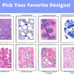 May include: Eight framed watercolor prints of medical illustrations. The prints feature detailed depictions of cells and tissues, including Ameloblastoma, Bone Marrow, Breast Histology, and Respiratory Bronchial Cells. The text at the top says "Pick Your Favorite Designs!"