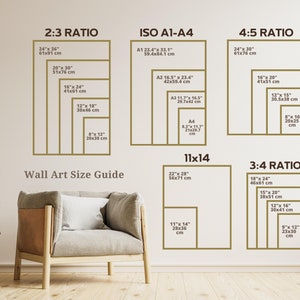 May include: Wall art size guide with various aspect ratios, including 2:3, 4:5, and 3:4, displayed with dimensions in inches and centimeters. The guide includes sizes like 24" x 36" (61x91 cm) and 16" x 20" (41x51 cm).