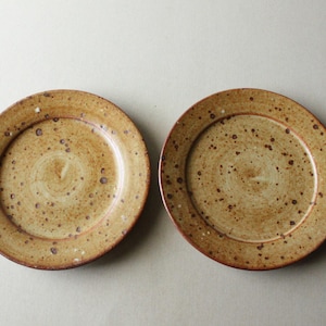May include: Two round ceramic plates with a speckled, tan glaze. The plates have a slightly raised rim and a central depression. The speckled pattern includes small, dark brown spots. The plates are set against a neutral background.