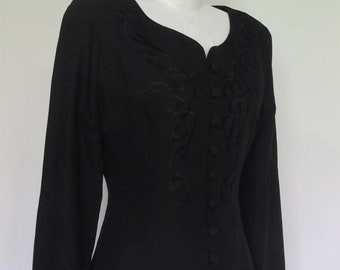 DRESS Black 1980s Vintage Long sleeve Embroidery Faux Jacket Dolly Dolly Sz 10 LBD