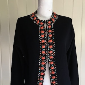 CARDIGAN Beaded 1960s Vintage Black Wool Long sleeve Round neck Sz 38in Retro Chic