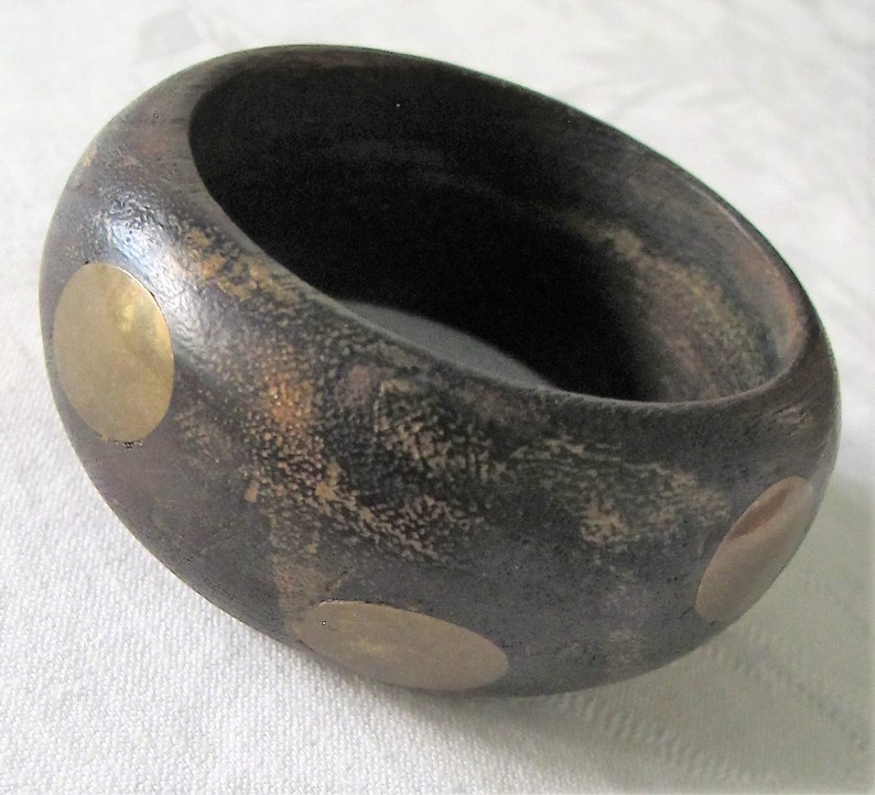 BANGEL Wood CUFF Brass Disc Insets BRACELET Chunky Rounded Wooden Vintage Tribal Wide