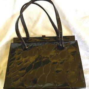 HAND BAG 50s Vintage Top handle Patent Leather Brown Tooled Croc Frame Retro