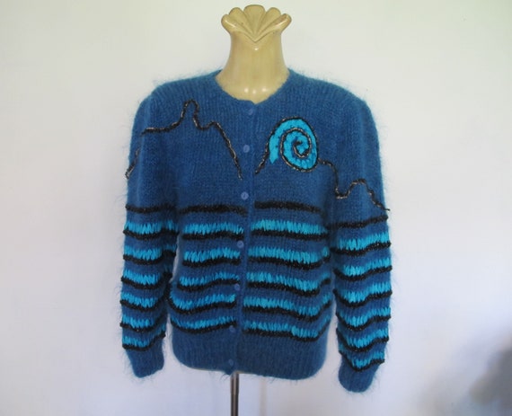CARDIGAN Hand knit MOHAIR Blue Round neck Long sle