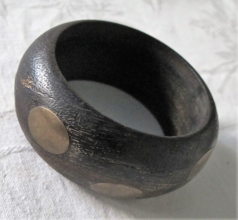 BANGEL Wood CUFF Brass Disc Insets BRACELET Chunky Rounded Wooden Vintage Tribal Wide