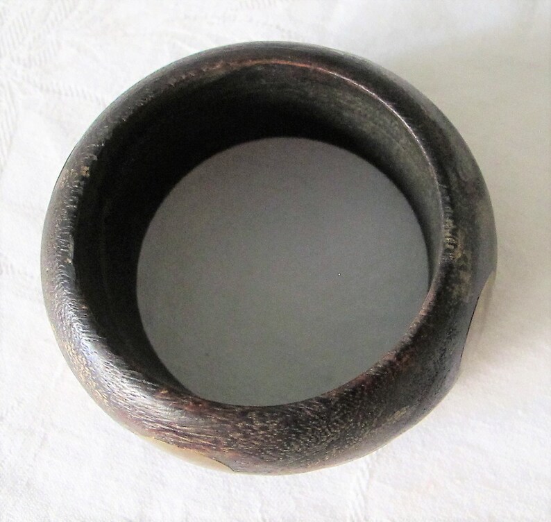 BANGEL Wood CUFF Brass Disc Insets BRACELET Chunky Rounded Wooden Vintage Tribal Wide