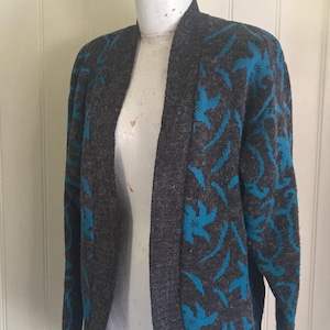 CARDIGAN Parte delantera abierta Chaqueta de punto vintage de los años 80 Gris y verde azulado Manga larga Tallas S-M Retro