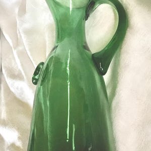 GREEN GLASS JUG Handmade Carafe Pitcher Decanter Vase Handle Retro Vintage Hand Blown