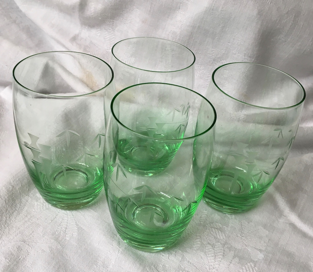 4 X Green Glass TUMBLERS 1950s Vintage Etched DRINKING GLASSES Etsy