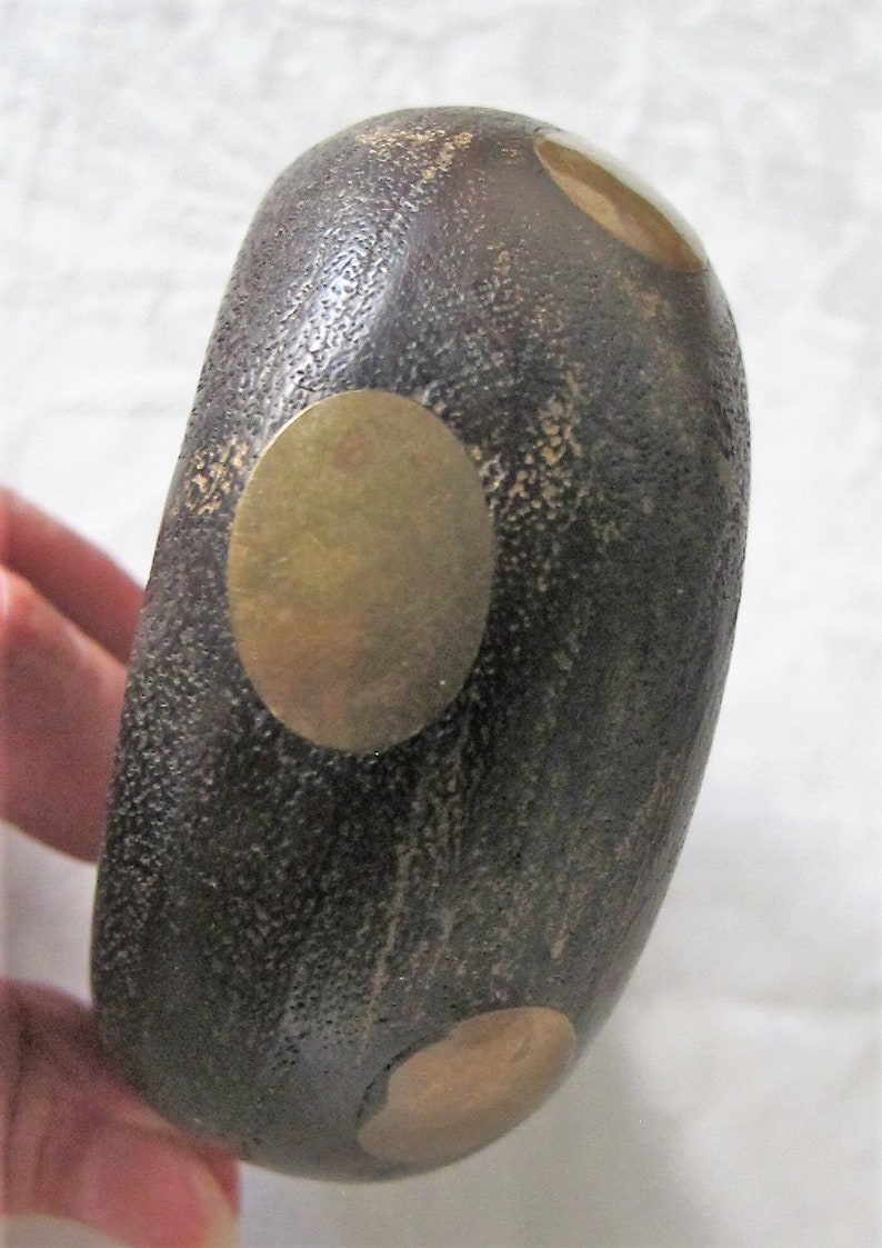 BANGEL Wood CUFF Brass Disc Insets BRACELET Chunky Rounded Wooden Vintage Tribal Wide