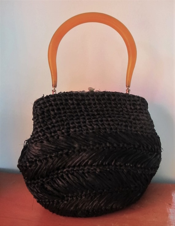 BAG Black Woven STRAW Amber LUCITE top handle Hand