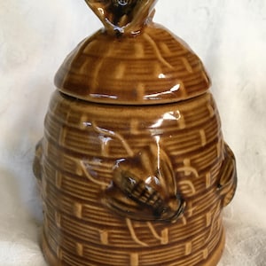 BEE HIVE Honingpot Jampot keramiek met deksel jaren 60 vintage bruin retro ronde bijen