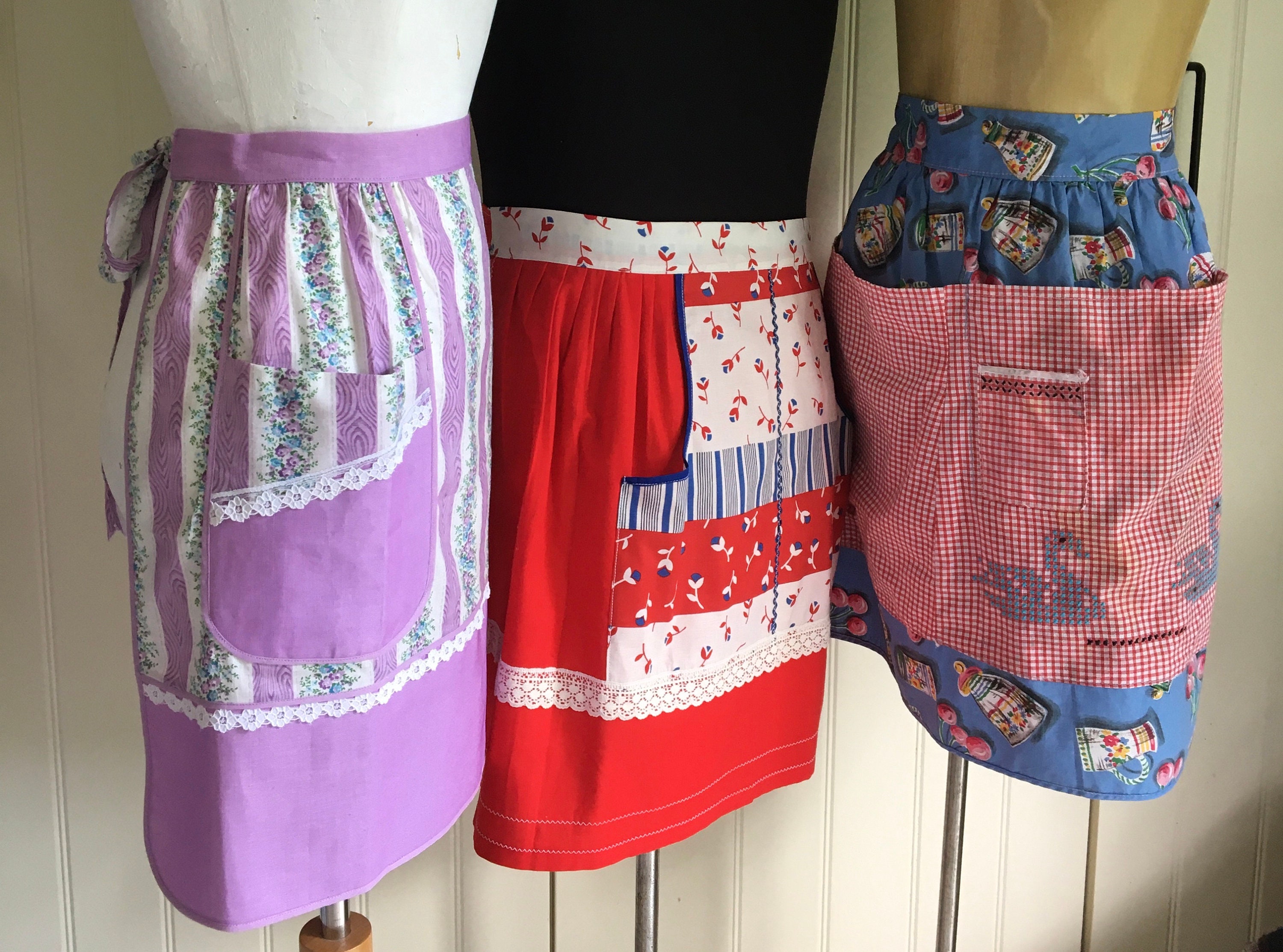 3 Vintage HALF APRONS Waist Cotton Lace Trim Pockets Retro Etsy UK