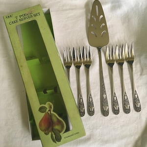 7 piece CAKE SERVER SET 1970s Vintage New in box Stainless steel Mid century Retro