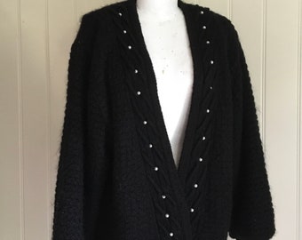 Black CARDIGAN JACKET 80s Vintage Deep V-neck Lined Knit Long sleeve Sz L Retro
