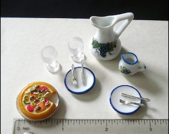 Dollhouse Miniature Dessert Set by Reutter Porzellan - Pitcher, Syrup, Goblets, Plates, Tart Pie - 1:12 Scale