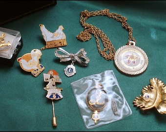 Vintage Lions Club, Lady Lions, Lioness Jewelry Group - Pins, Pendant, Necklace, Brooch - 7 Pieces