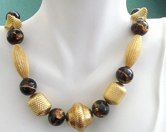 Vintage Art Glass and Textured Bead Necklace - Chinoiserie Chic Style - Vintage Glamour