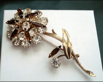 Large Rhinestone Flower Pin - 3-Tiers with Amber and Clear Stones - Statement Size - Pretty Vintage Brooch - Great Gift Idea!