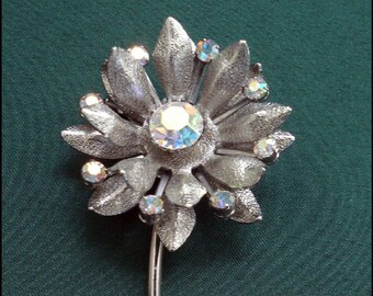 Vintage Rhinestone Flower Brooch - Silver and AB Stones - Christmas, Birthday, Mother's Day - Any Day!  Great Gift Idea!