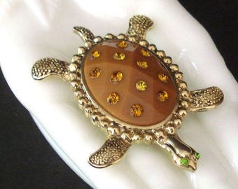 Green-Eyed Turtle Pin - Brown with Green and Amber Rhinestones - Give as a Gift, or Keep for Yourself!