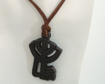 Terra Sancta Guild Necklace - Tree of Life Metal Pendant on Leather Cord - marked 1970