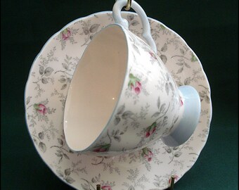 Tuscan Chintz Pale Pink Floral Cup Saucer Set 8639H - English Bone China - Rosebuds and Gray Leaves