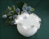 Fenton Silver Crest Rose Bowl w Original Label - Vintage Milk White Glass w Clear Glass Trim - Decorative Accent - Home Décor