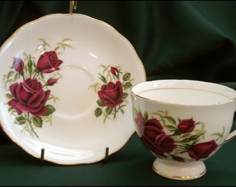 Colclough Rose Pattern Cup - Saucer Collectible Set - Large Dark Red Roses and Rosebuds - Tea Party!