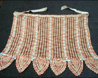 Vintage Crocheted Apron - Coral Pink and White with Blue Ribbon Trim - Handmade - Wear, Gift, Re-purpose, Frame