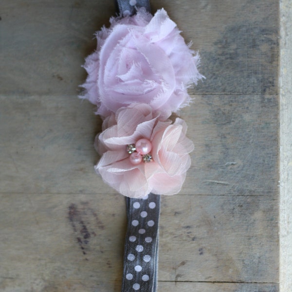 Baby Headband, Shabby Headband, Pink, Polka Dots