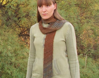 HandSpun, Handknit Wool Scarf. Brown and Blue Lace Scarf. Soft. OOAK. #15