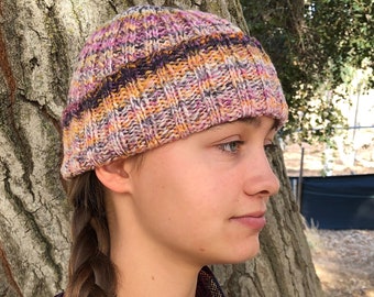Handspun Knit Wool Beanie: Ribbed Soft Cap, Gray Yellow Pink OOAK