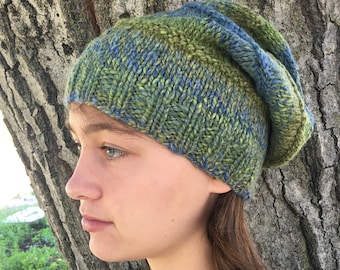 Handspun, Handknit Wool Hat. Blue, Green. Soft Slouchy Hat. OOAK