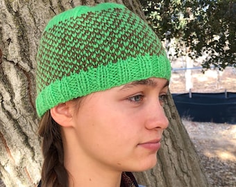 Handspun, Handknit Wool Hat. Soft Beanie Cap. Bright Green/Brown, OOAK