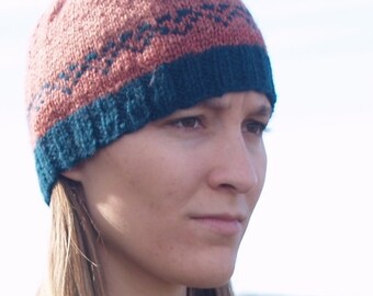 Handspun, Handknit Wool Hat. Pink/Green Hearts. Valentines Cap. Soft Beanie. OOAK. #11