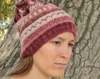 Handspun Handknit Cowl/Hat. Slouchy Wool Hat. Pink/White/Red/Brown Design. OOAK. #5