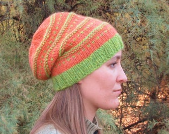 Handknit Wool Slouchy Hat, Halloween Pumpkin Colors, Orange Green OOAK #6