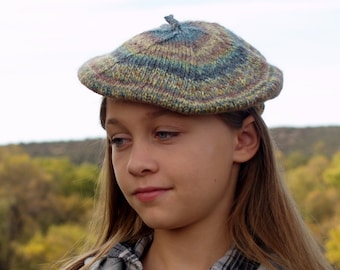 Handspun, Handknit Wool Hat. Kids Size Multicolored Beret. #1