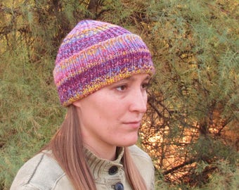 Handknit Wool Kid's Hat: Handspun Fishermans Ribbed Cap, Purples Pinks Yellows