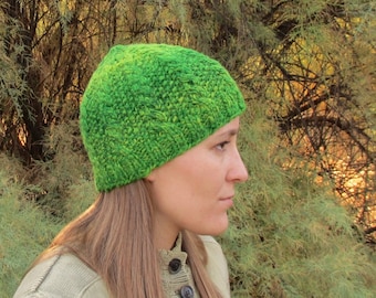 Handspun, Handknit Wool Hat. Green Cabled and Seeded Cap. OOAK. #9