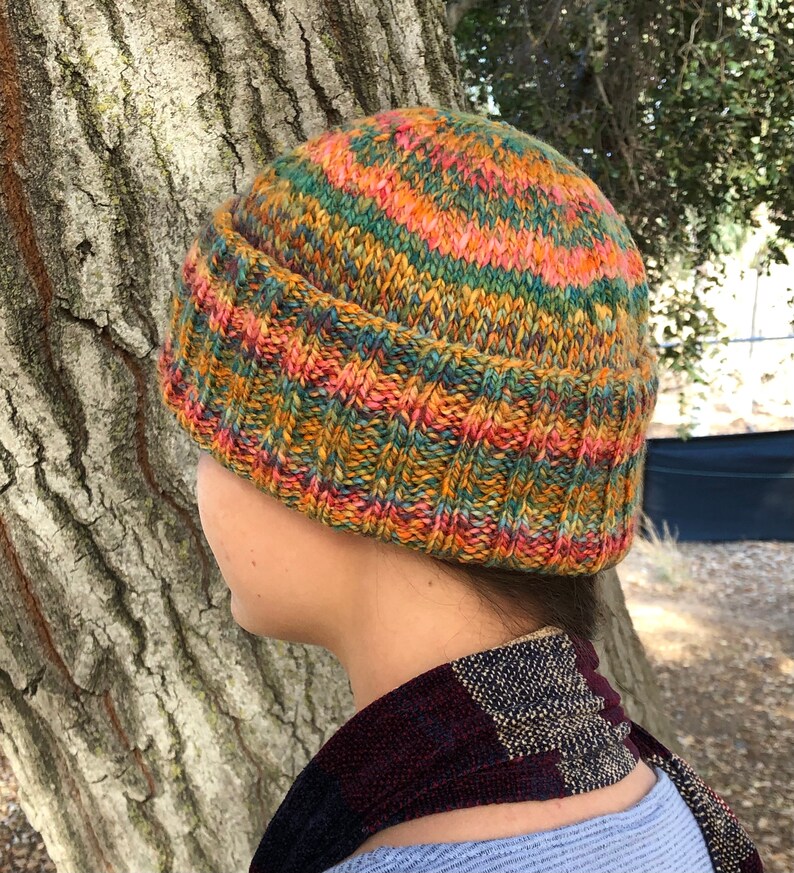 Handspun OOAK GreenOrange Harvest Ribbed Cap Soft Beanie Cap Handknit Wool Hat