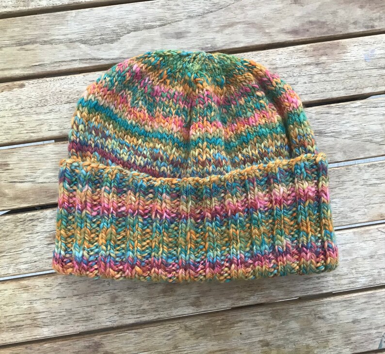 Handspun OOAK GreenOrange Harvest Ribbed Cap Soft Beanie Cap Handknit Wool Hat