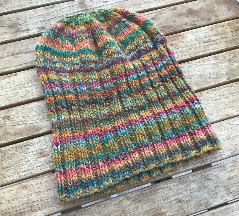 Handspun OOAK GreenOrange Harvest Ribbed Cap Soft Beanie Cap Handknit Wool Hat