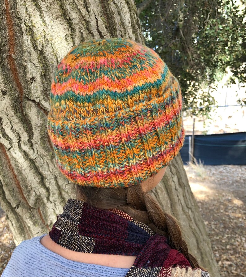 Handspun OOAK GreenOrange Harvest Ribbed Cap Soft Beanie Cap Handknit Wool Hat