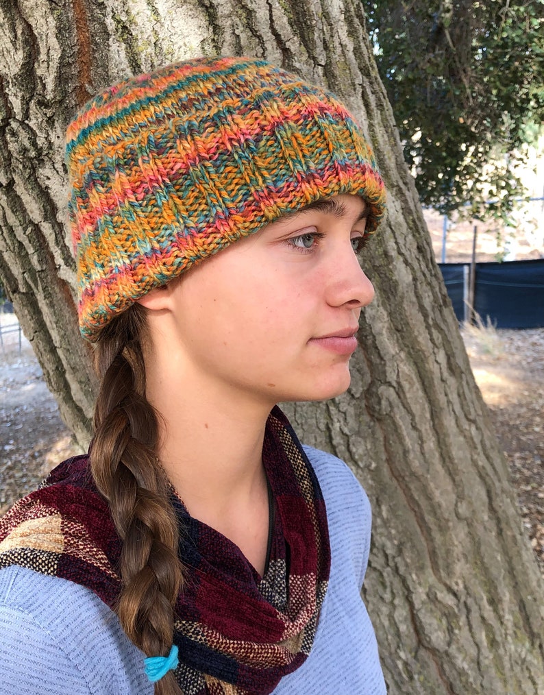 Handspun OOAK GreenOrange Harvest Ribbed Cap Soft Beanie Cap Handknit Wool Hat