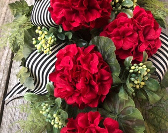 Spring Wreath, Spring Swag, Geranium Wreath, Red Geranium  Swag, Black and White Stripe Ribbon, Red Floral  Wreath, Teardrop Swag