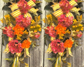 Pair (2) Bright Hydrangea Swag Wreaths, Spring/Summer Wreaths, Coral Pink, Vivid Yellow, Teardrop Swags, Double Door Wreaths, French Doors